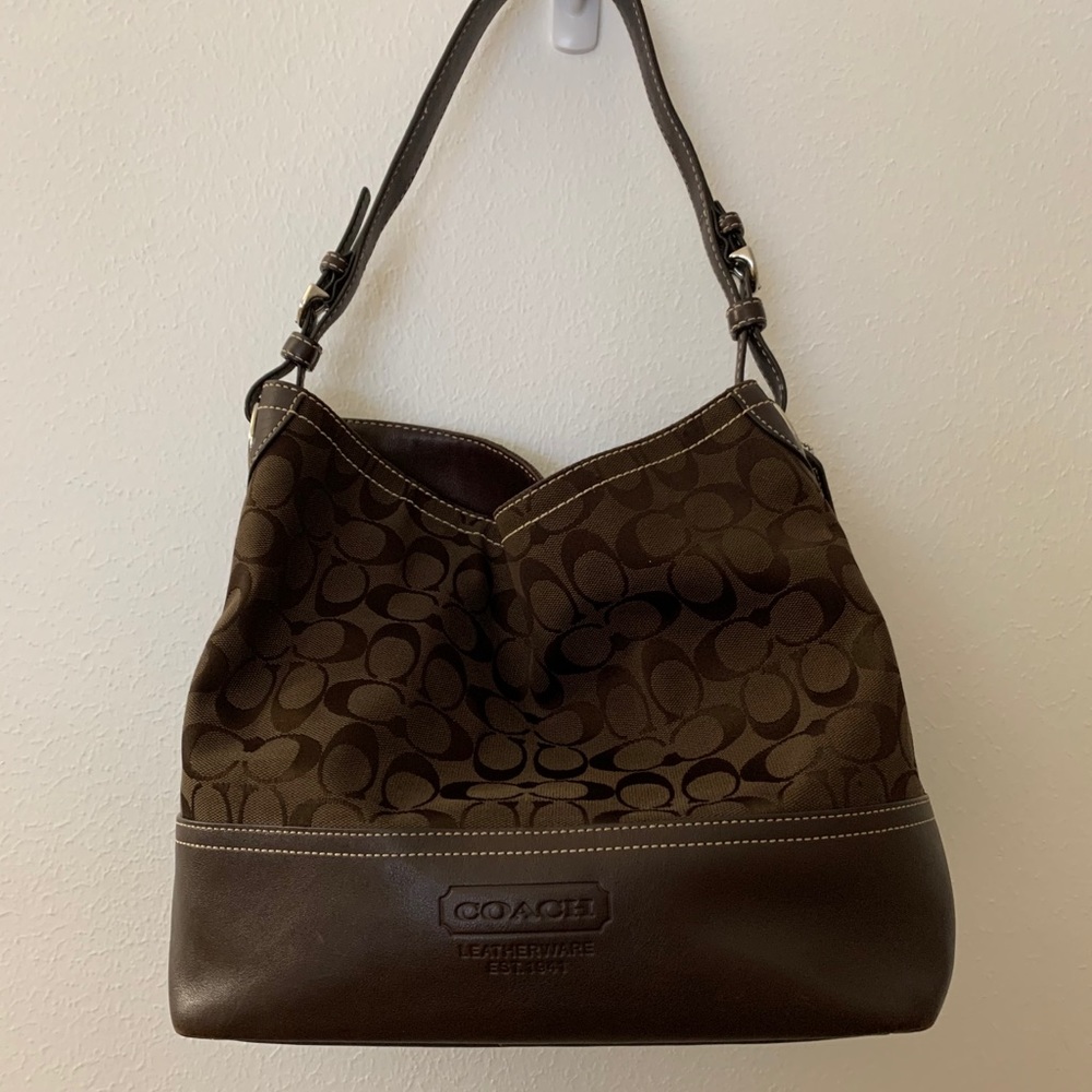 Coach monogram shoulder bag brown leather canvas